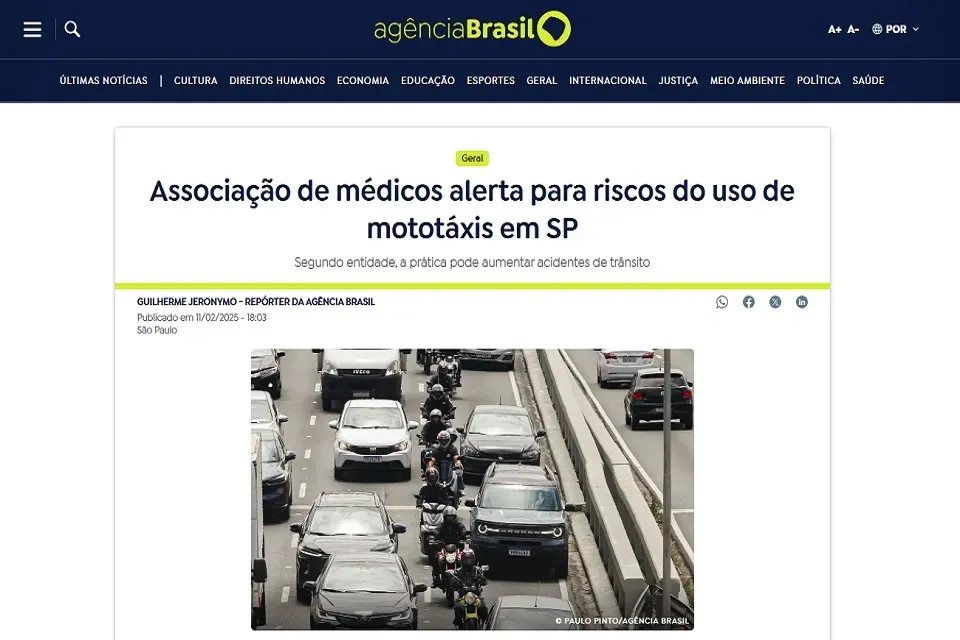 Agência Brasil divulga alerta da APM para riscos do uso de mototáxis em SP