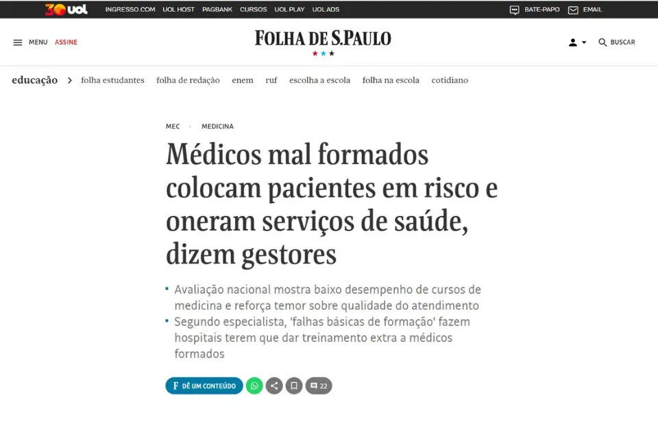 Antonio Gonçalves diz à Folha de São Paulo que notas baixas do Enamed refletem má formação médica