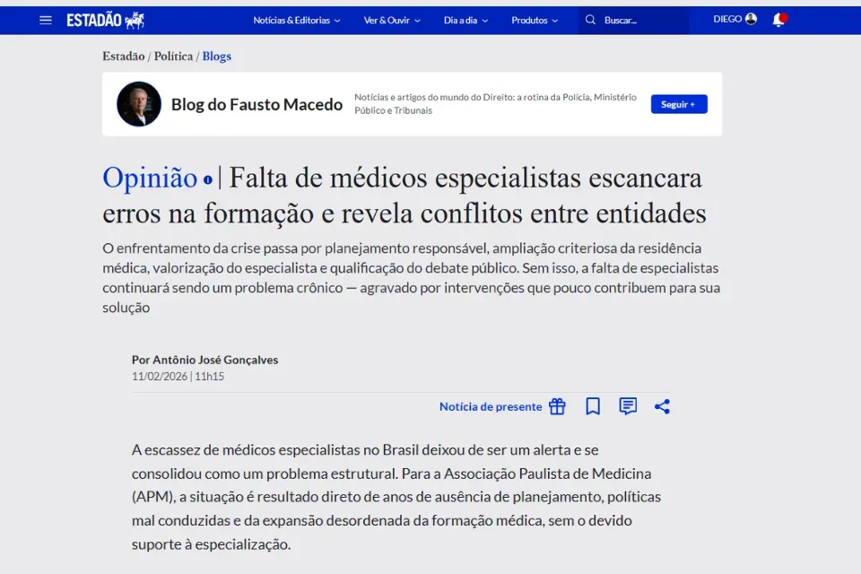 Artigo do presidente da APM sobre a falta de médicos especialistas é destaque no Estadão