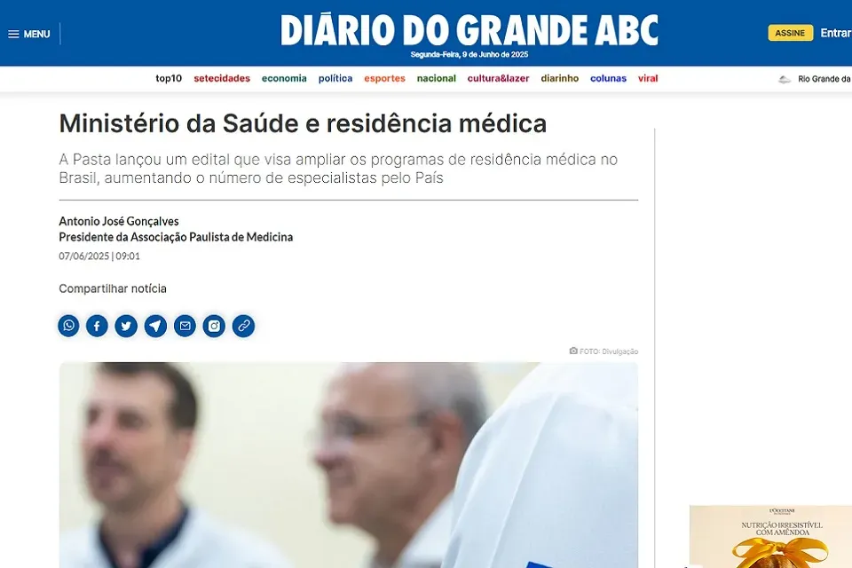 Diário do Grande ABC publica artigo do presidente da APM sobre Residência Médica