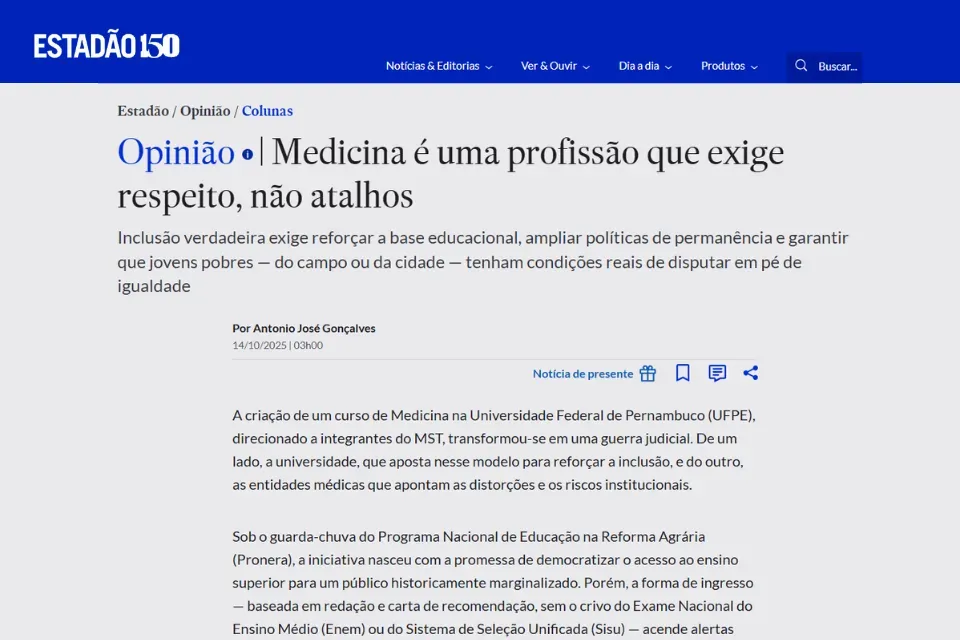 Estadão publica artigo do presidente da APM sobre curso de Medicina da UFPE