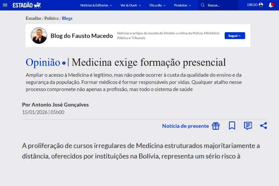 Estadão publica artigo do presidente da APM sobre cursos de Medicina a distância