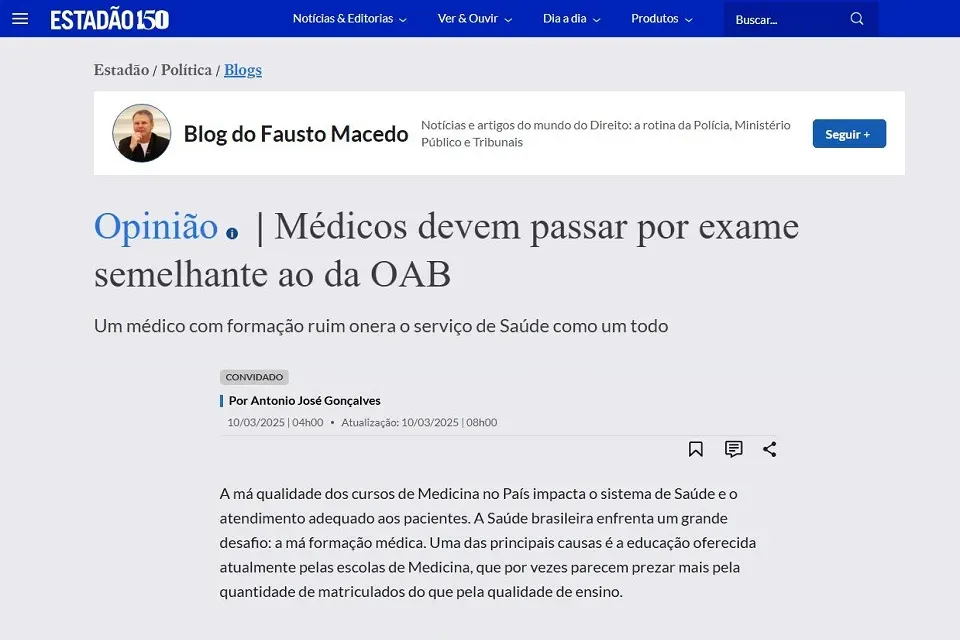 Estadão publica artigo do presidente da APM sobre exame de proficiência