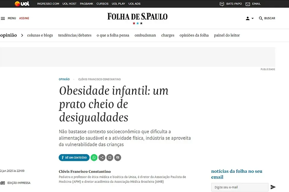 Folha de S.Paulo publica artigo de Clóvis Constantino sobre obesidade infantil