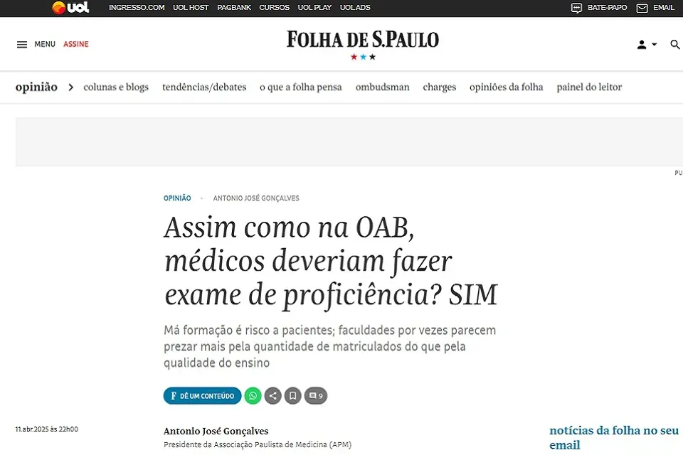 Folha de S.Paulo publica artigo do presidente da APM sobre exame de proficiência
