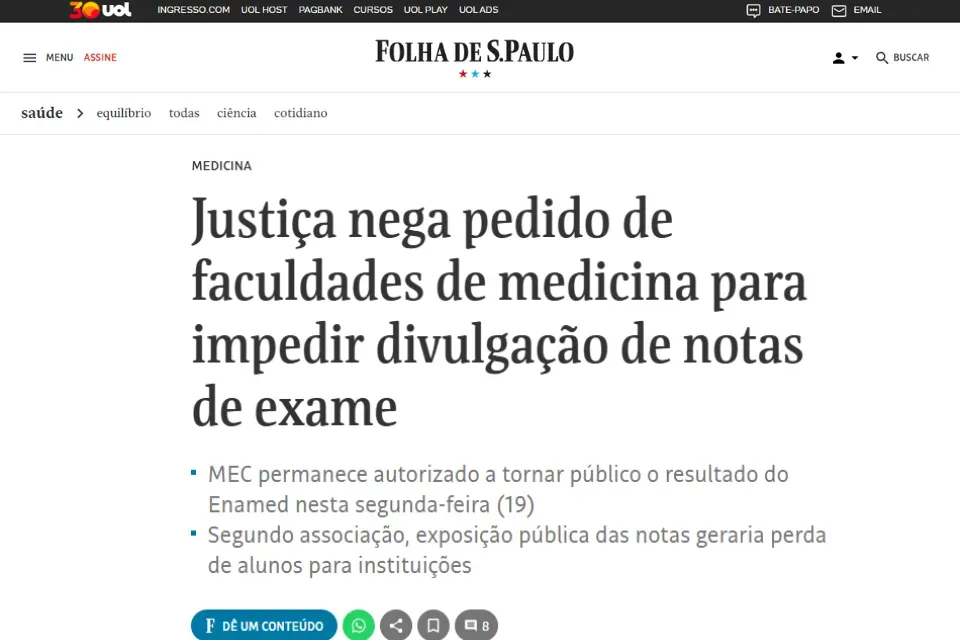 Folha de São Paulo: Presidente da APM opina sobre a divulgação das notas do Enamed