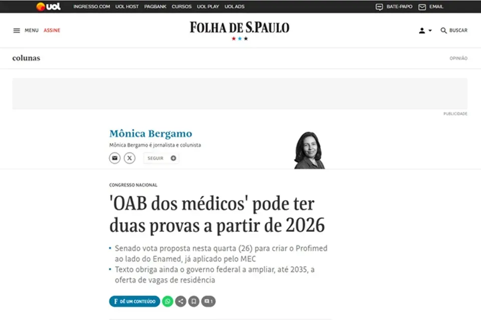 Folha de São Paulo: Presidente da APM opina sobre o exame de proficiência