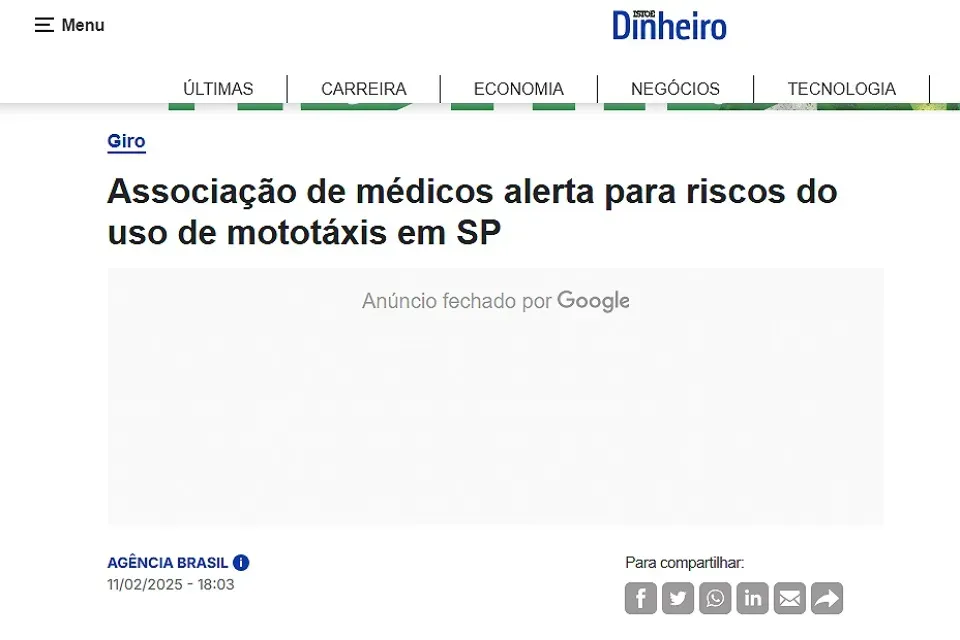 Istoé Dinheiro publica alerta da APM sobre mototáxis em SP