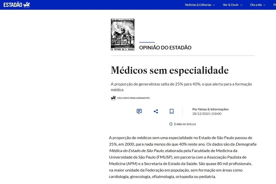 Opinião do Estadão destaca Demografia Médica do Estado de São Paulo