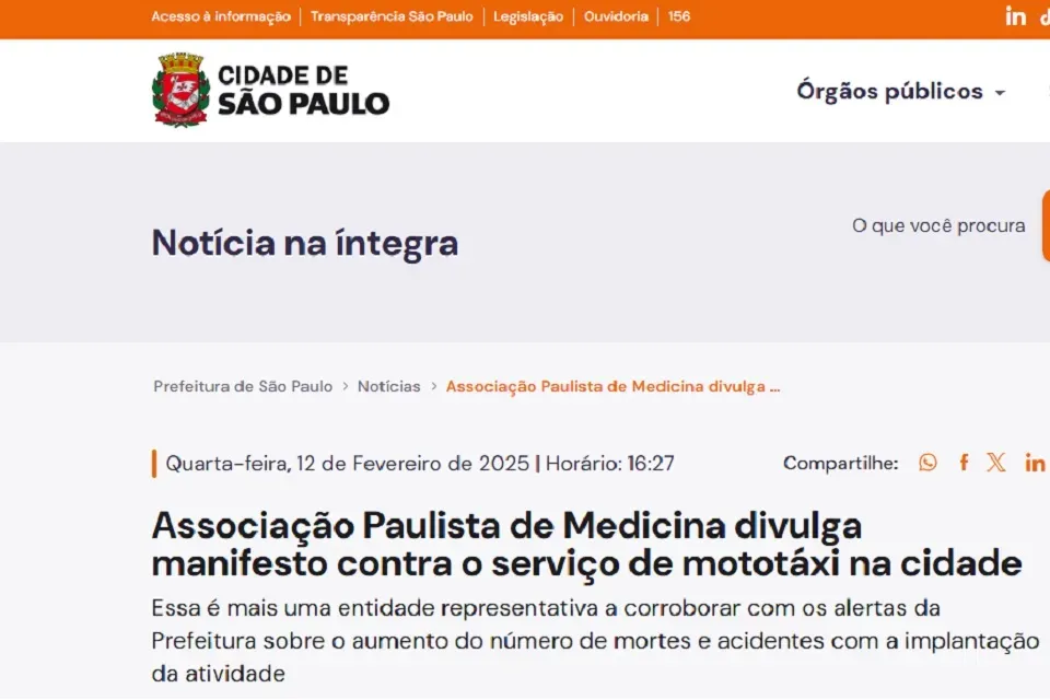 Prefeitura de São Paulo repercute alerta da APM sobre mototáxis