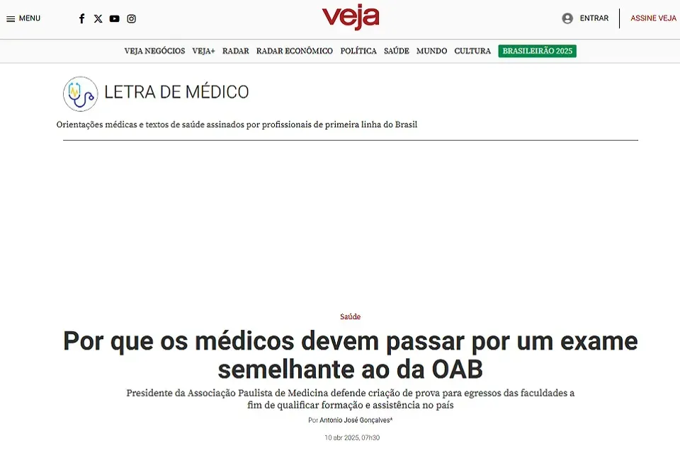 Veja publica artigo do presidente da APM sobre exame de proficiência